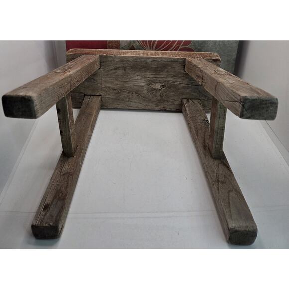 Vintage Chinese Elm Wood Worker Stool 11 X 10 X 4.5 Inch Rustic Sturdy - Picture 9 of 10